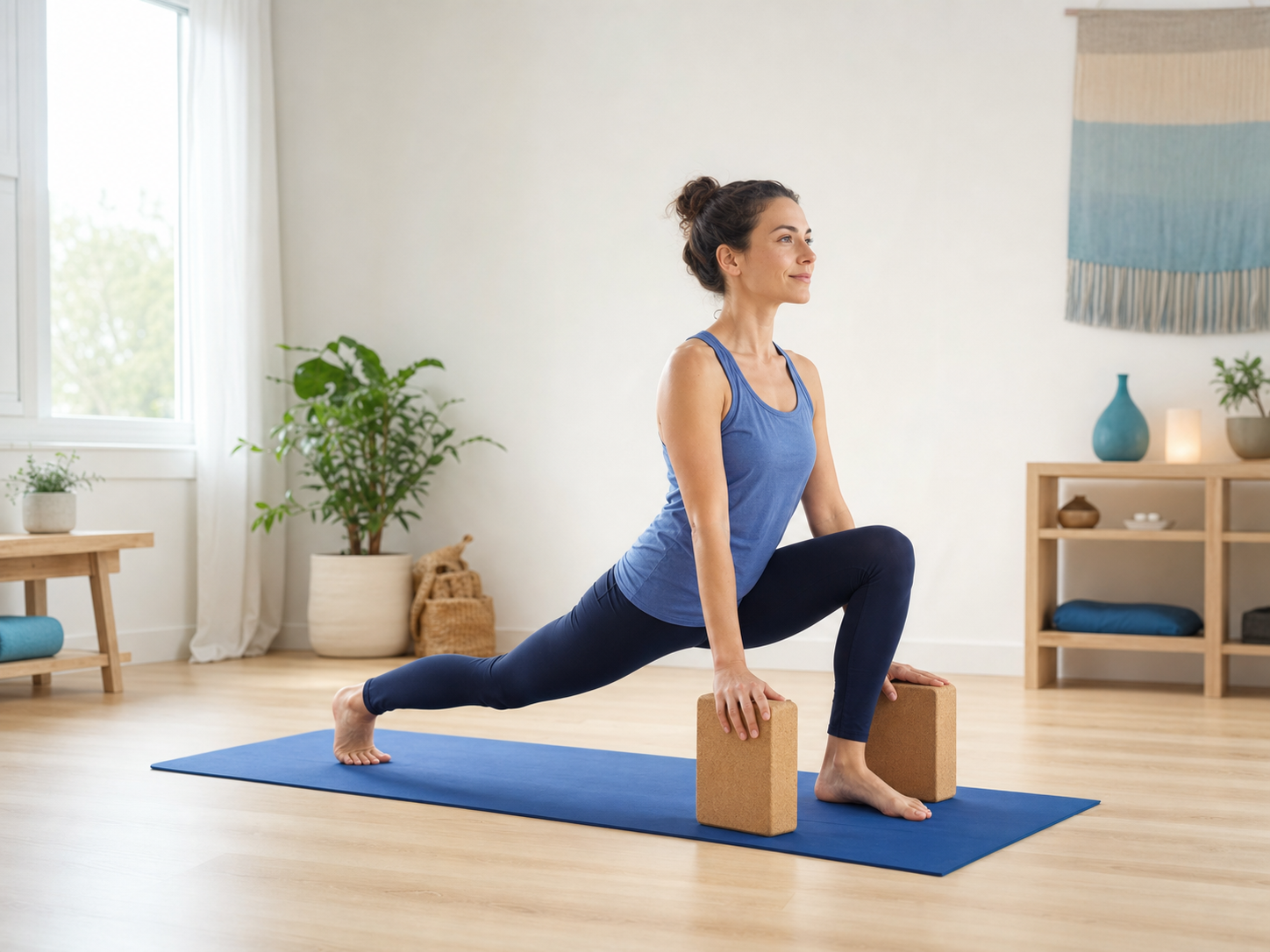 Yoga practitioner using blocks in a supported low lunge